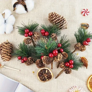 24pcs Artificial Pine Picks with Red Berries & Pinecones