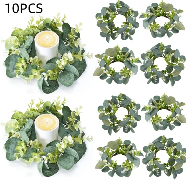 10pcs Plastic Artificial Eucalyptus Leaf Boho Style Candle Rings