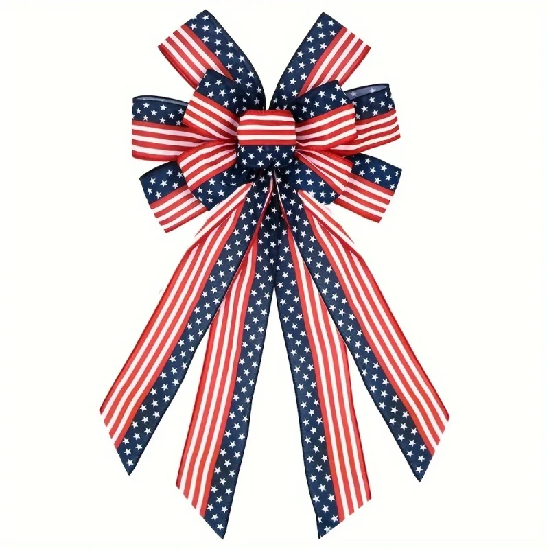 Large July 4th Patriotic Wreath Bow — Red & Blue American Flag Star Bow