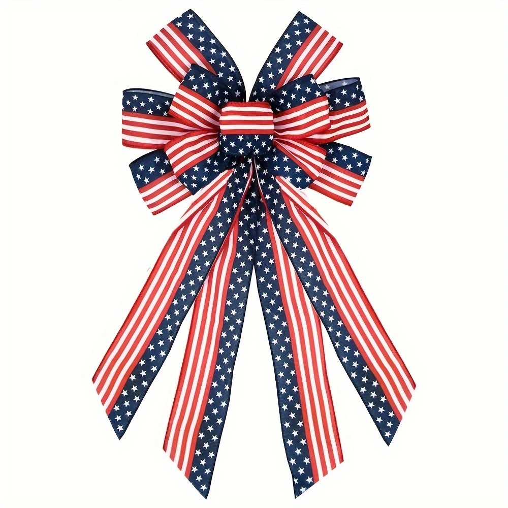 Large July 4th Patriotic Wreath Bow — Red & Blue American Flag Star Bow