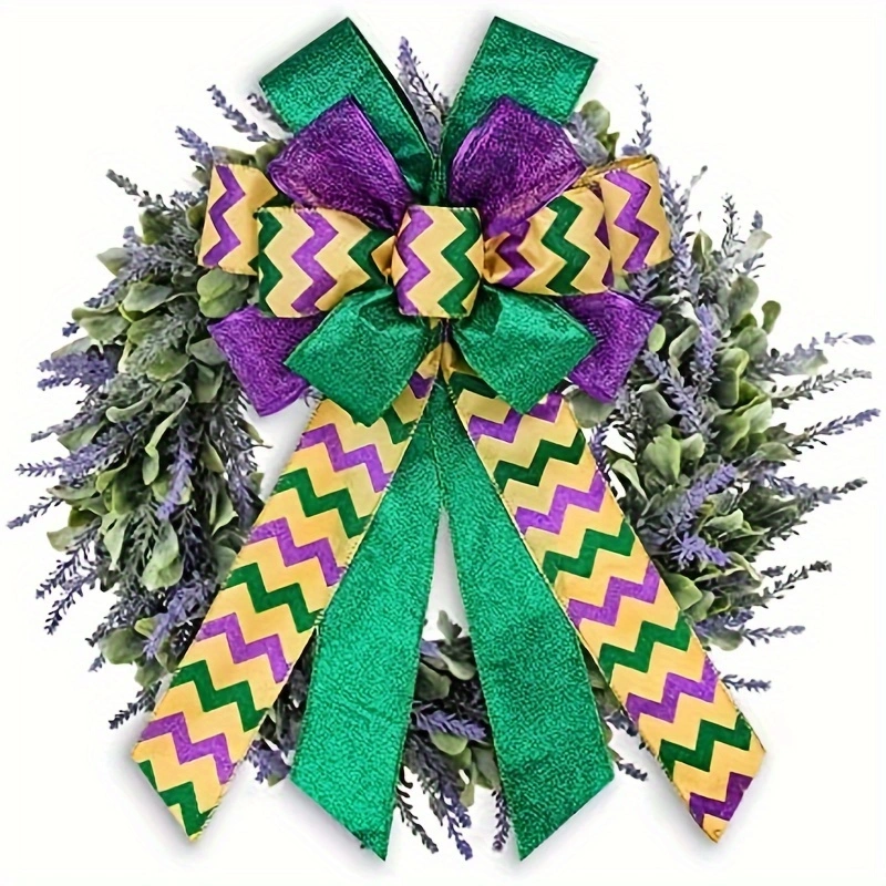 21479836c84f1be2b56c568f37ded0b4.webp 2pcs Large Mardi Gras Wreath Bow — Purple Green Glitter Carnival Bows