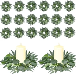 Wedding Candle Rings — Eucalyptus Leaves Boho Wreath for Pillar Candles