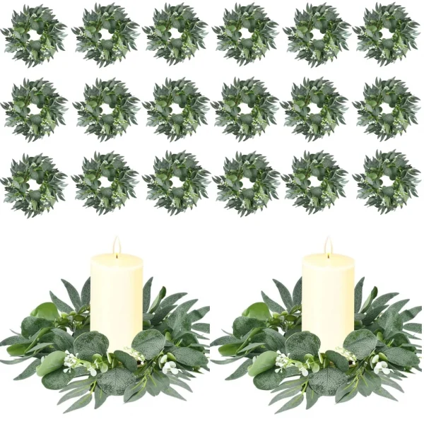 Wedding Candle Rings — Eucalyptus Leaves Boho Wreath for Pillar Candles
