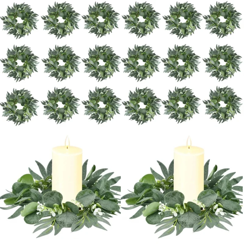 Wedding Candle Rings — Eucalyptus Leaves Boho Wreath for Pillar Candles
