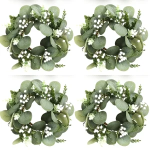 4pcs Eucalyptus & Baby's Breath Floral Candle Ring Wreaths