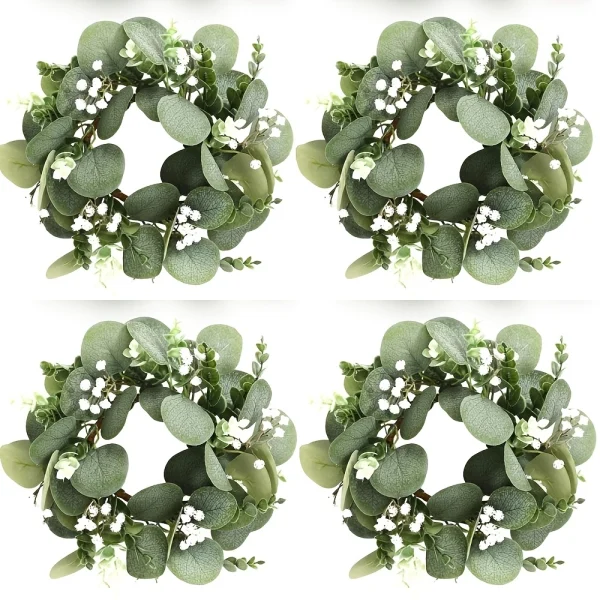 4pcs Eucalyptus & Baby's Breath Floral Candle Ring Wreaths