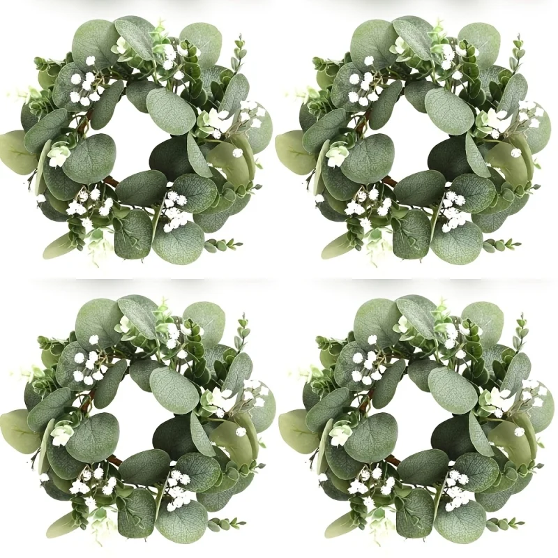 4pcs Eucalyptus & Baby's Breath Floral Candle Ring Wreaths