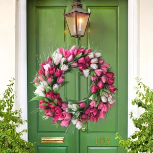20 Inch Tulip Wreath for Front Door - Lush Artificial Flower Garland for Home