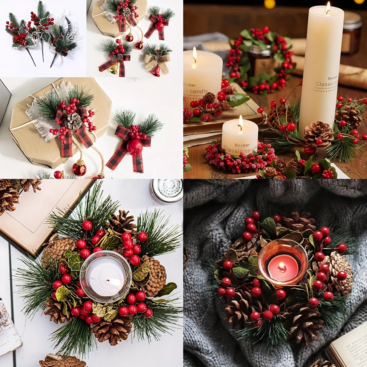 24pcs Artificial Pine Picks with Red Berries & Pinecones