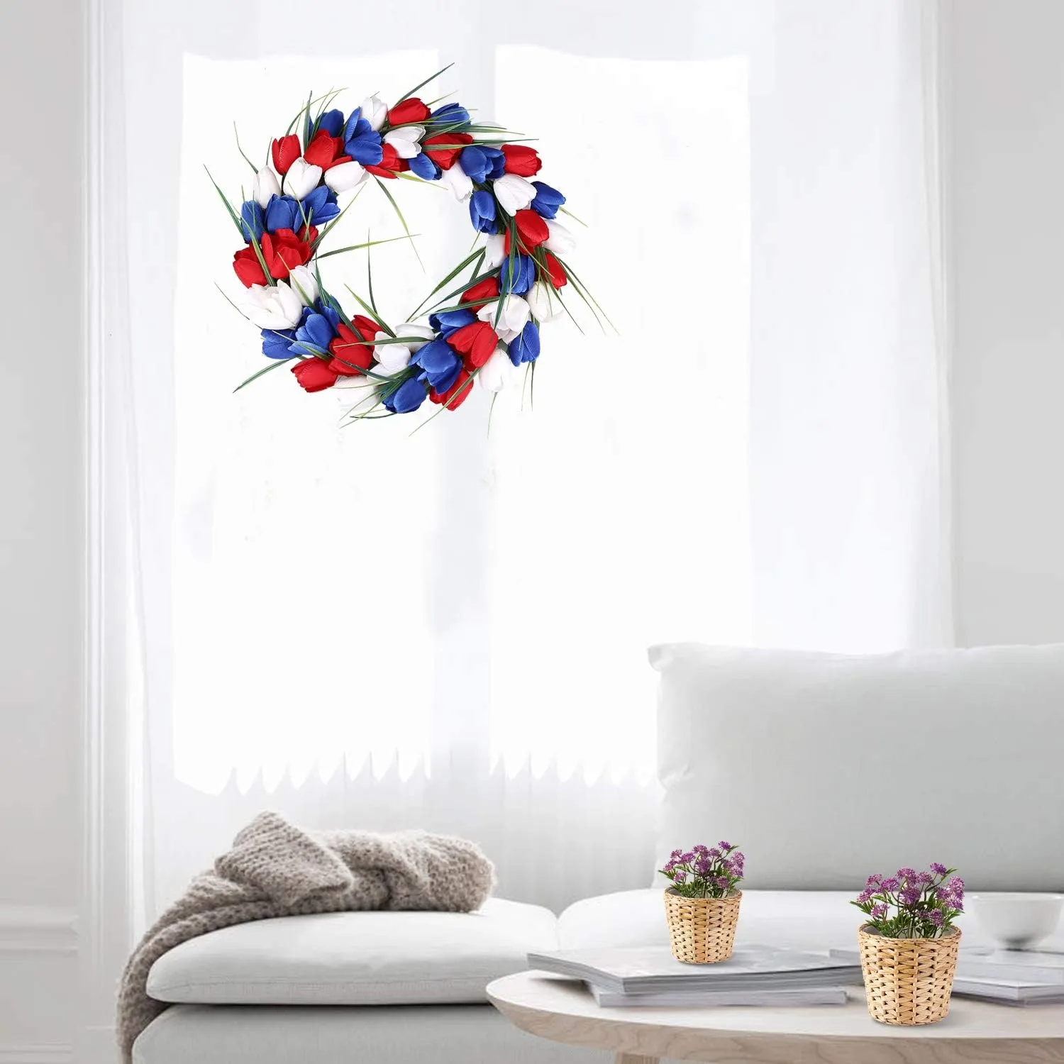15" Patriotic Tulip Wreath — Red & White & Blue American Flag Design