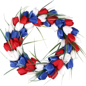 15" Patriotic Tulip Wreath — Red & White & Blue American Flag Design