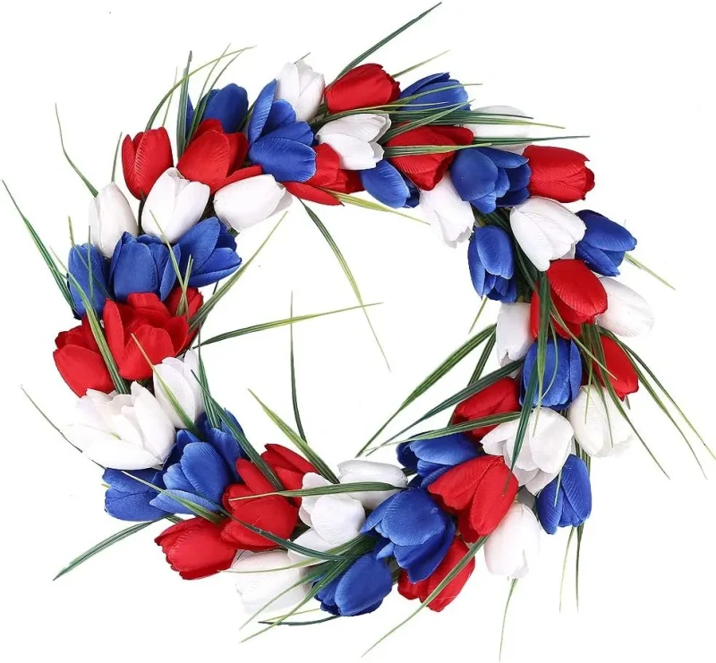 15" Patriotic Tulip Wreath — Red & White & Blue American Flag Design