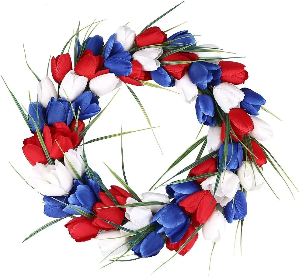 15" Patriotic Tulip Wreath — Red & White & Blue American Flag Design