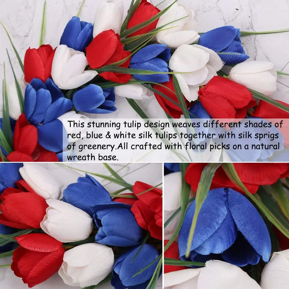 15" Patriotic Tulip Wreath — Red & White & Blue American Flag Design