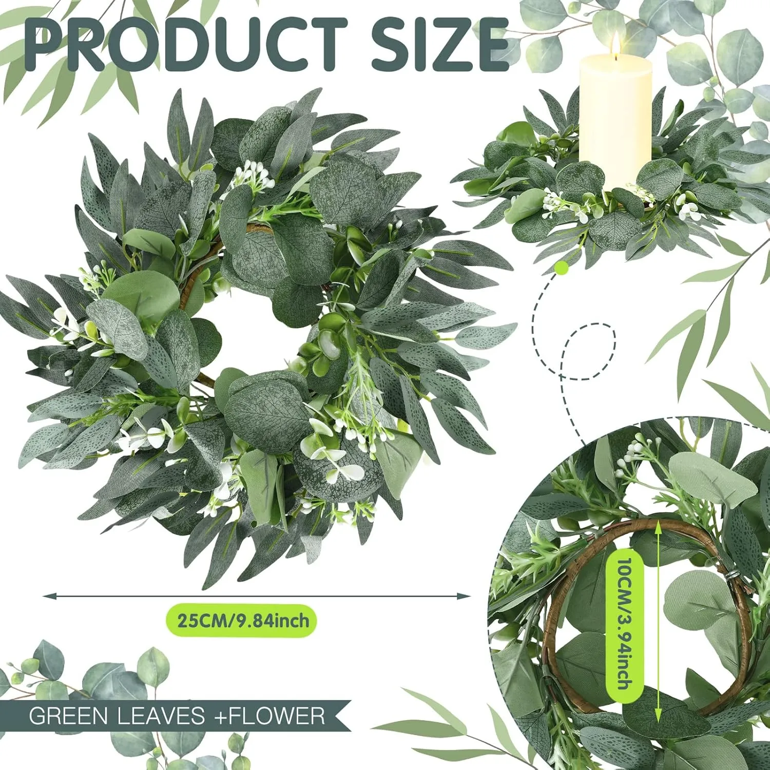 Wedding Candle Rings — Eucalyptus Leaves Boho Wreath for Pillar Candles