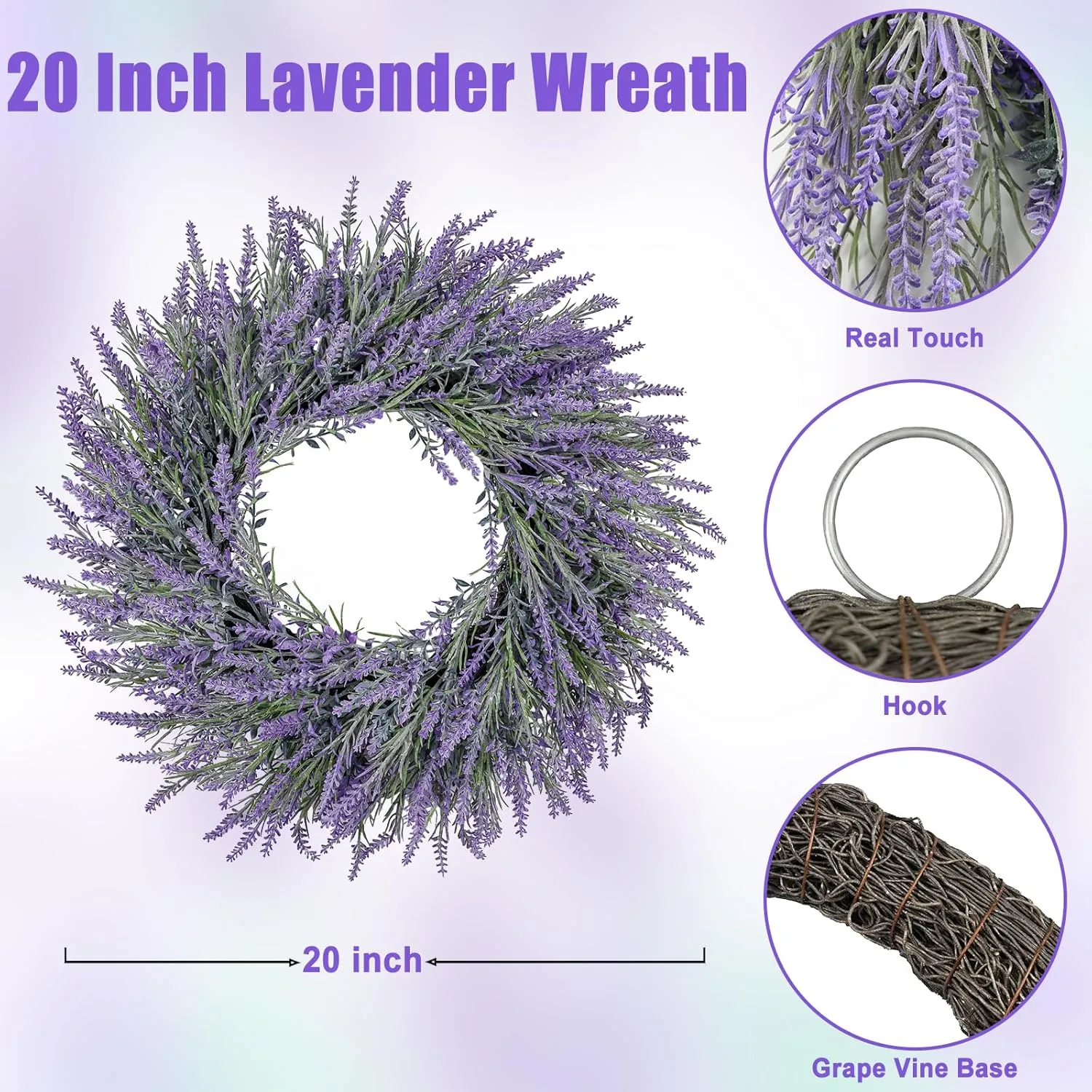 20 Inch Summer Spring Wreaths for Front Door Romance Lavender Wreath
