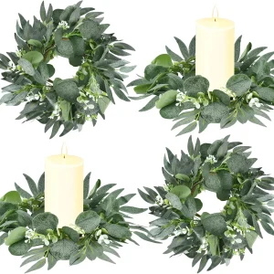 Wedding Candle Rings — Eucalyptus Leaves Boho Wreath for Pillar Candles