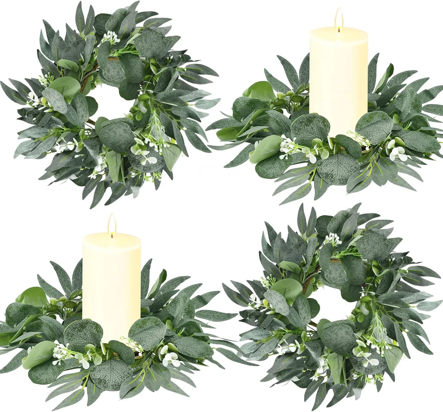 Wedding Candle Rings — Eucalyptus Leaves Boho Wreath for Pillar Candles