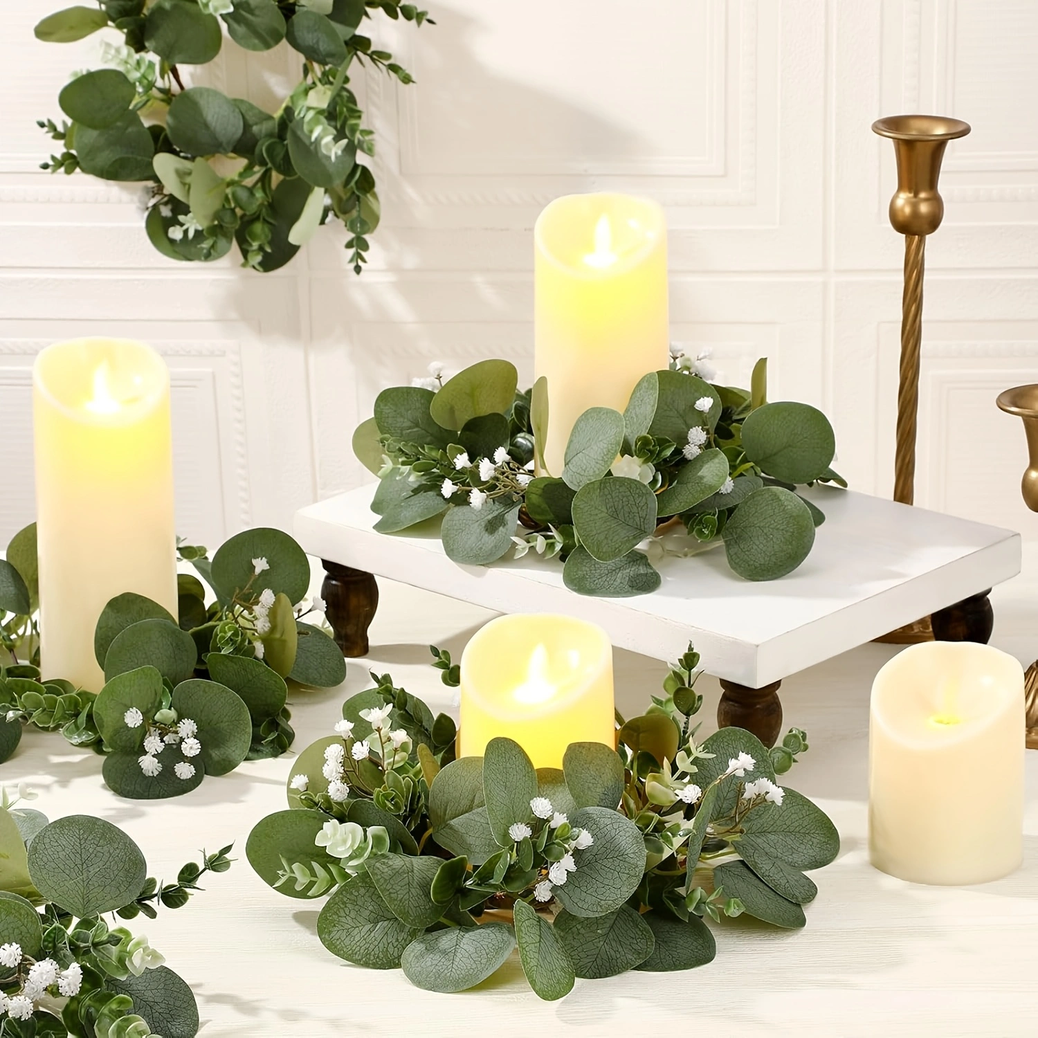 8a3226bf-e50a-4667-a2be-be13853b2961.webp 4pcs Eucalyptus & Baby's Breath Floral Candle Ring Wreaths
