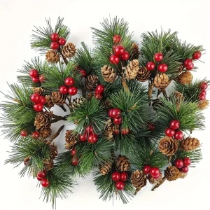 24pcs Artificial Pine Picks with Red Berries & Pinecones