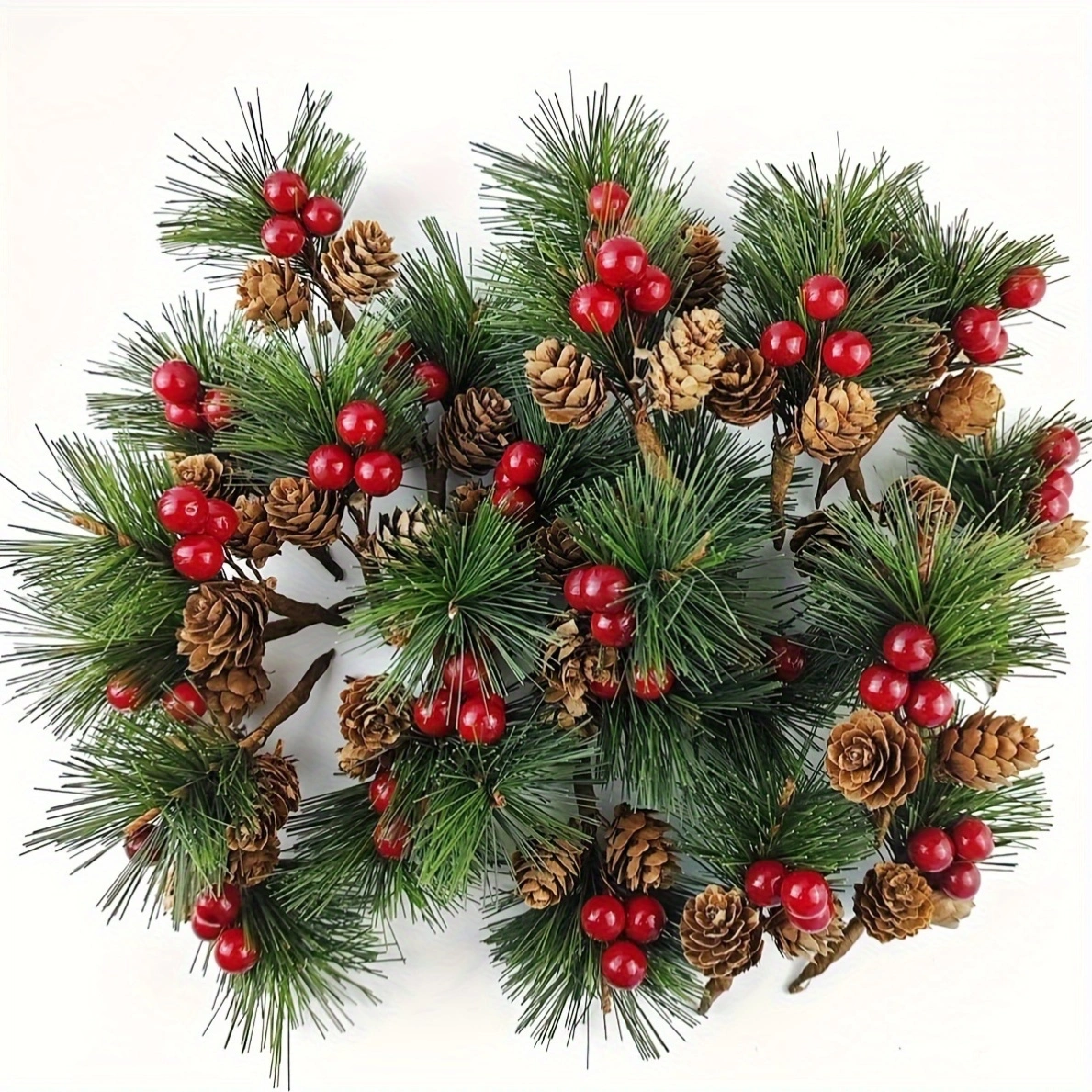 24pcs Artificial Pine Picks with Red Berries & Pinecones