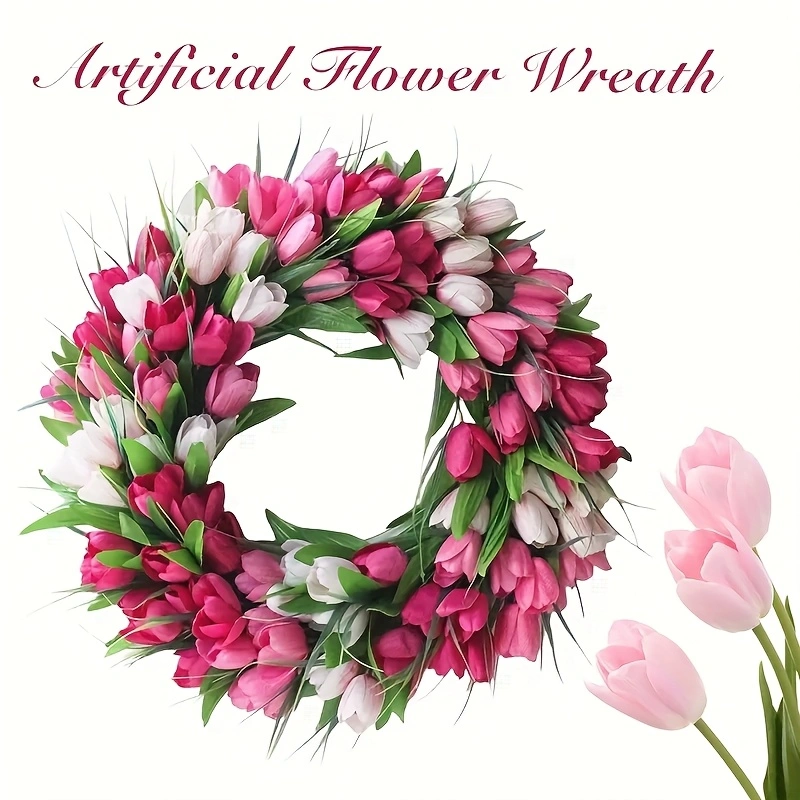 20 Inch Tulip Wreath for Front Door - Lush Artificial Flower Garland for Home