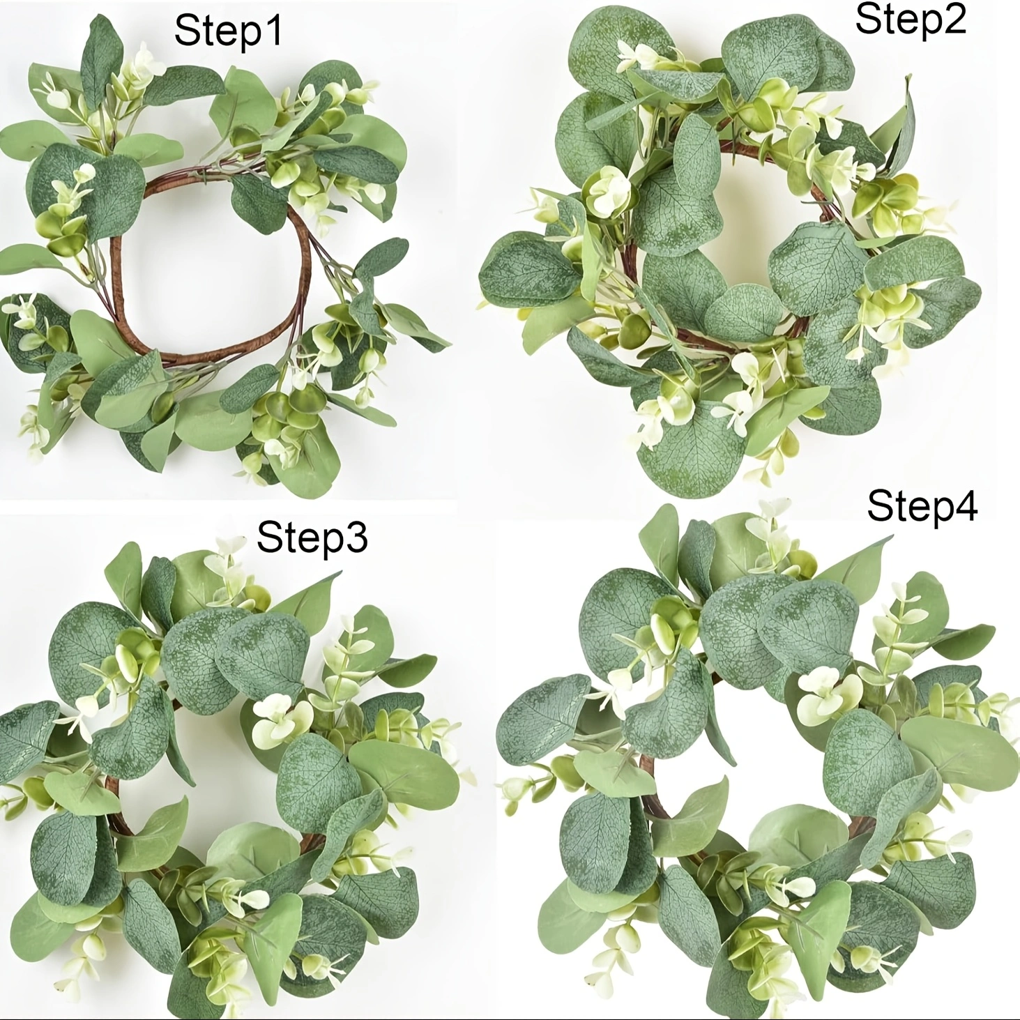 6 Eucalyptus Leaf Cabinet & Candle Wreaths — Christmas Tabletop Decoration