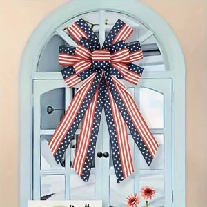 Large July 4th Patriotic Wreath Bow — Red & Blue American Flag Star Bow