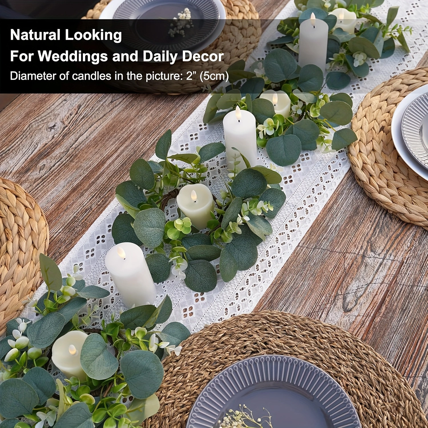 6 Eucalyptus Leaf Cabinet & Candle Wreaths — Christmas Tabletop Decoration