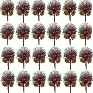 24pcs Artificial Pine Picks with Red Berries & Pinecones