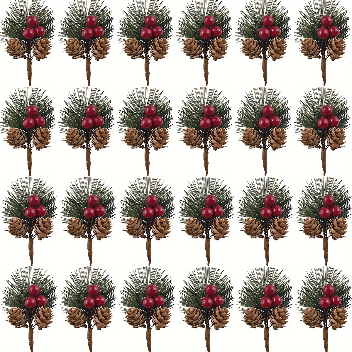 24pcs Artificial Pine Picks with Red Berries & Pinecones