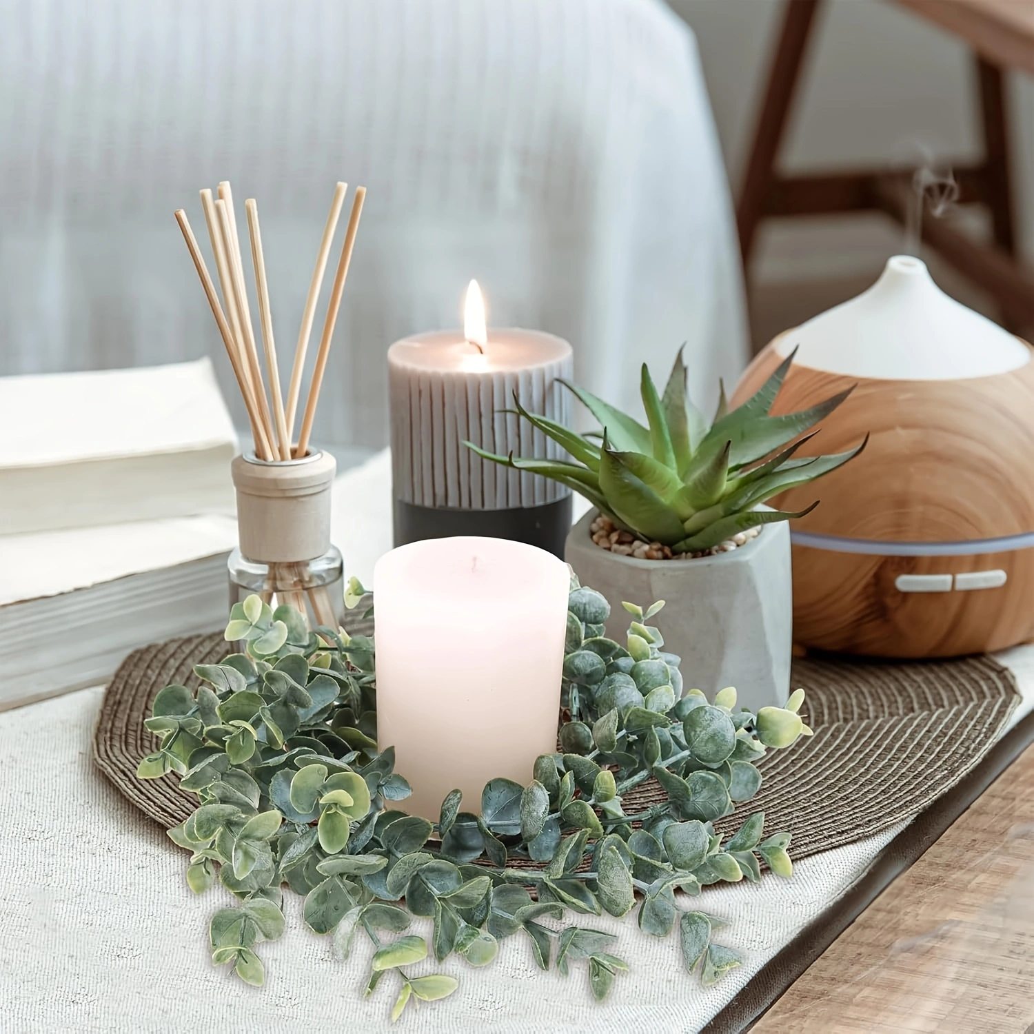 6pcs Artificial Eucalyptus Leaves Candle Rings