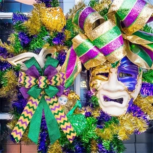 cb8e5c554c7e9776adcfe85109d10f61.webp 2pcs Large Mardi Gras Wreath Bow — Purple Green Glitter Carnival Bows