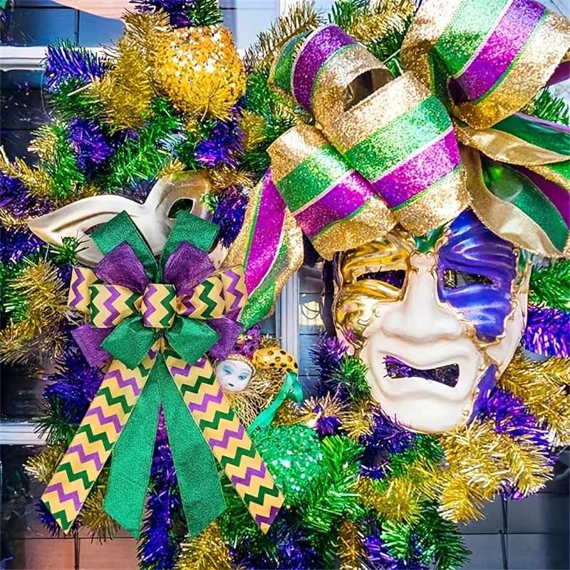 cb8e5c554c7e9776adcfe85109d10f61.webp 2pcs Large Mardi Gras Wreath Bow — Purple Green Glitter Carnival Bows