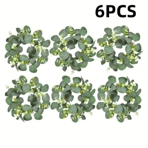 6 Eucalyptus Leaf Cabinet & Candle Wreaths — Christmas Tabletop Decoration