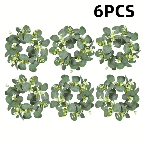 6 Eucalyptus Leaf Cabinet & Candle Wreaths — Christmas Tabletop Decoration