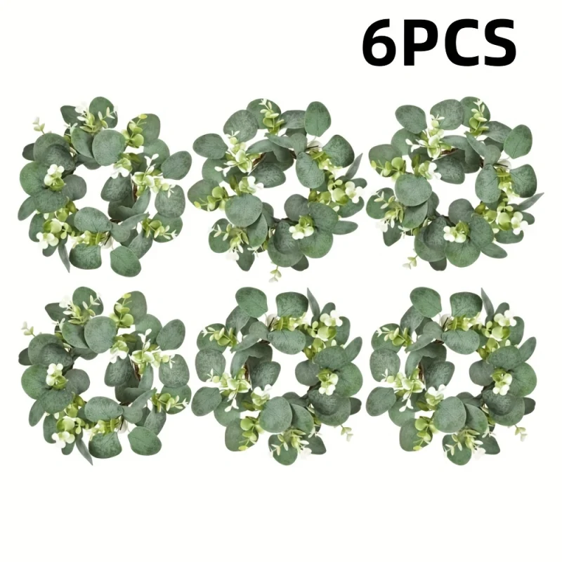 6 Eucalyptus Leaf Cabinet & Candle Wreaths — Christmas Tabletop Decoration