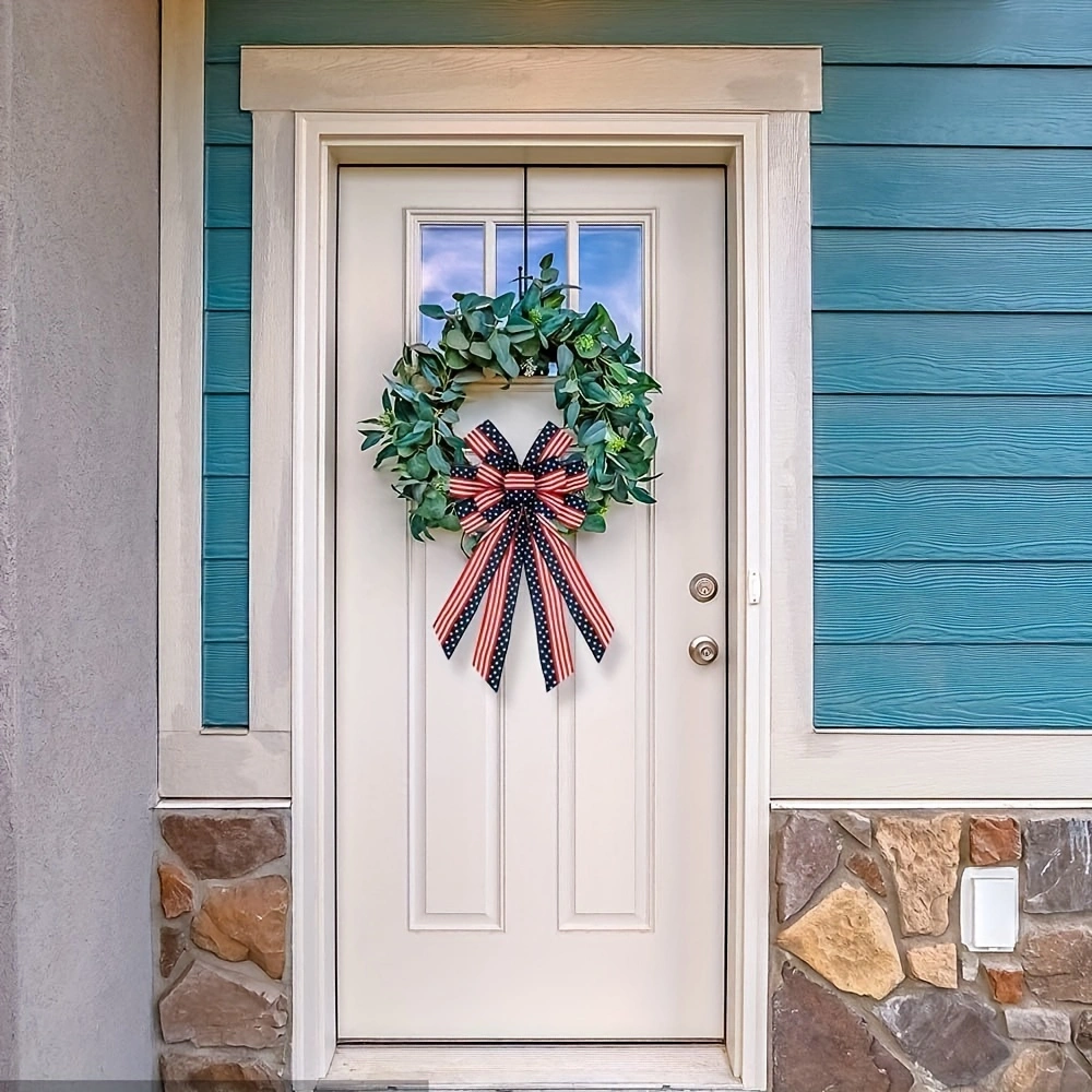 Large July 4th Patriotic Wreath Bow — Red & Blue American Flag Star Bow