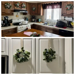 6 Eucalyptus Leaf Cabinet & Candle Wreaths — Christmas Tabletop Decoration