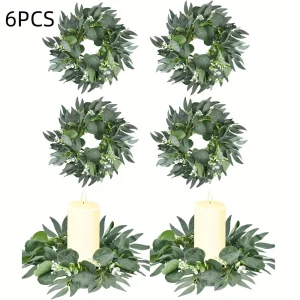 6pcs Candle Rings Artificial Eucalyptus Leaves Wreath