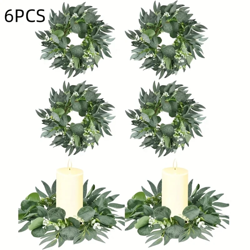 6pcs Candle Rings Artificial Eucalyptus Leaves Wreath
