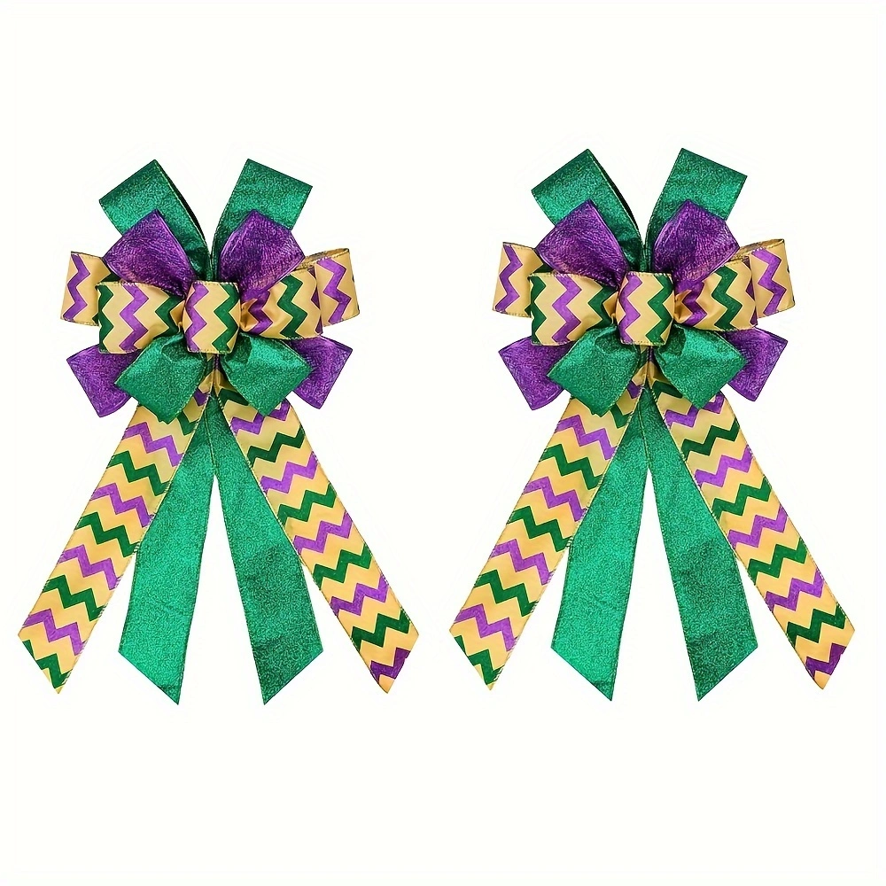 f9af318974fd49d875b1a2e2cadf6313.webp 2pcs Large Mardi Gras Wreath Bow — Purple Green Glitter Carnival Bows