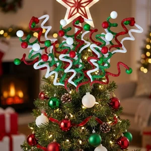 16.5 inch Christmas glitter curly pick used as whimsical tree topper filler with red green and white accents
