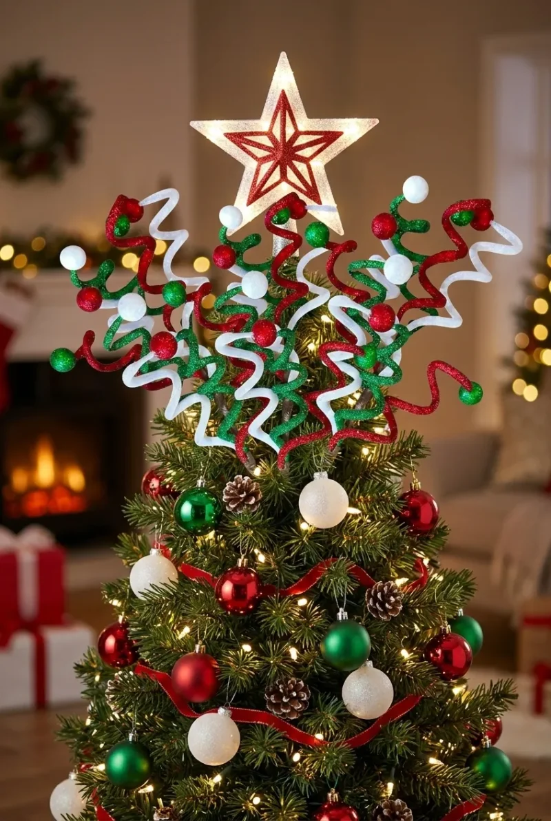 16.5 inch Christmas glitter curly pick used as whimsical tree topper filler with red green and white accents