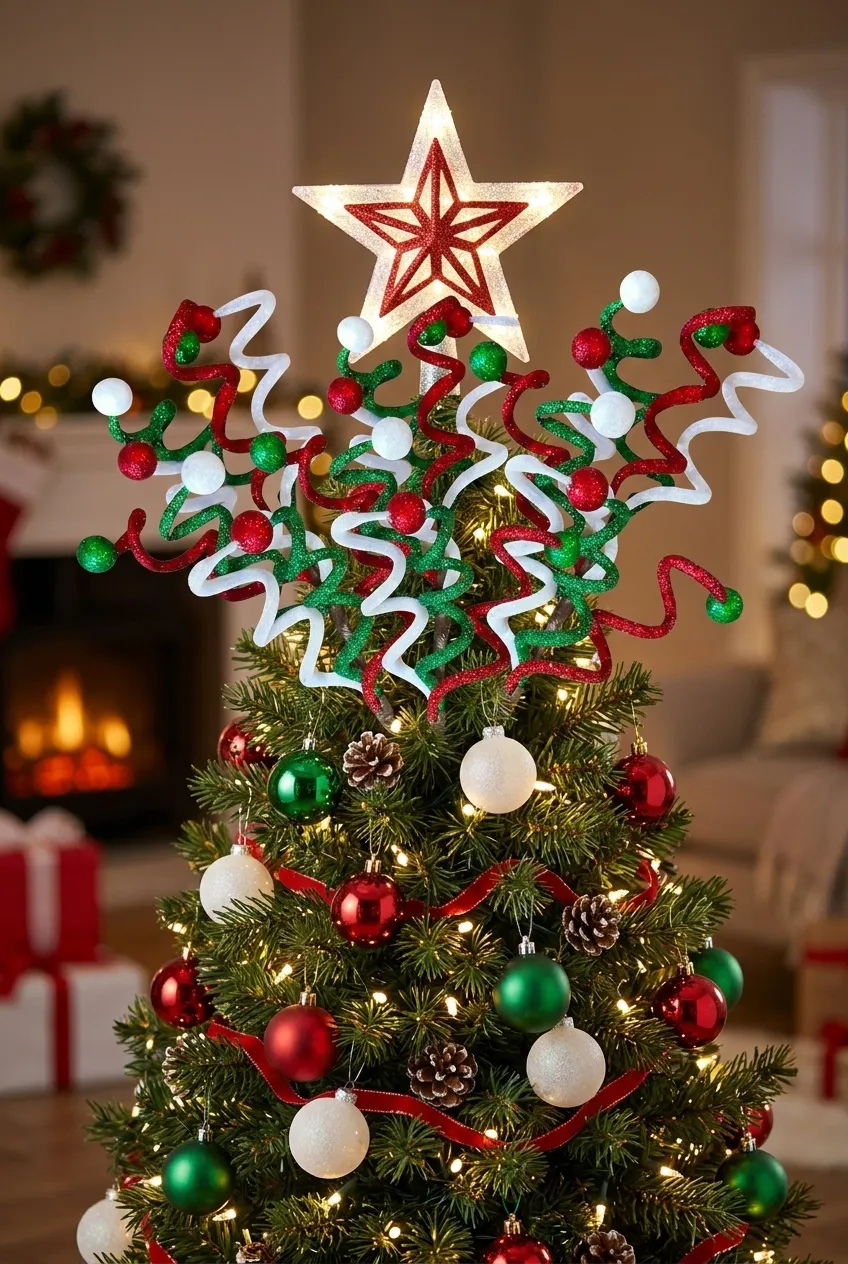 16.5 inch Christmas glitter curly pick used as whimsical tree topper filler with red green and white accents