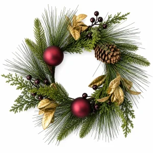 Christmas Candle Ring with Burgundy Ornaments Pinecones and Gold Leaves-转换自-png Christmas Candle Ring with Burgundy Ornaments and Gold Leaves