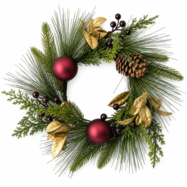 Christmas Candle Ring with Burgundy Ornaments and Gold Leaves