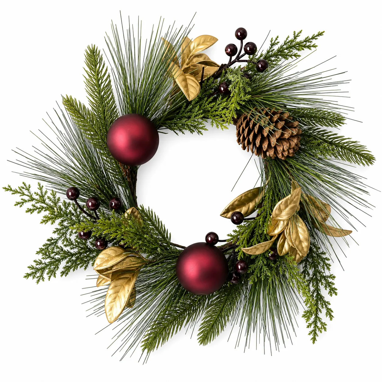Christmas Candle Ring with Burgundy Ornaments Pinecones and Gold Leaves-转换自-png Christmas Candle Ring with Burgundy Ornaments and Gold Leaves