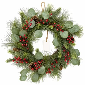 Christmas Eucalyptus Wreath with Red Berries and Pinecones