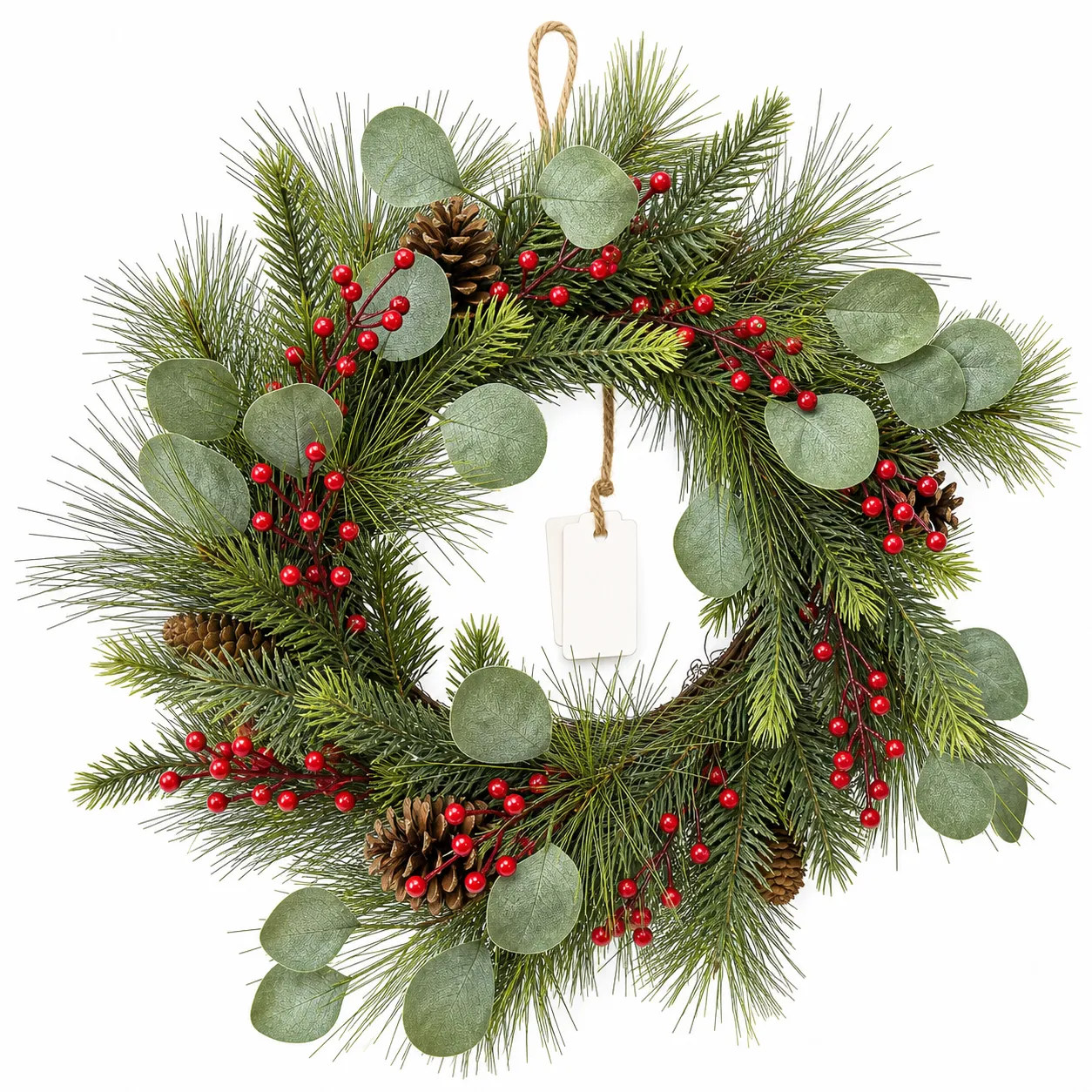 Christmas Eucalyptus Wreath with Red Berries and Pinecones Christmas Eucalyptus Wreath with Red Berries and Pinecones
